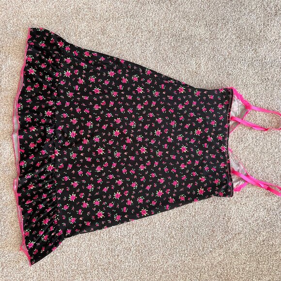 Deadstock Y2K Hot Pink & Black Floral Lace Babydoll Mini Dress Lingerie Top S - Picture 6 of 8